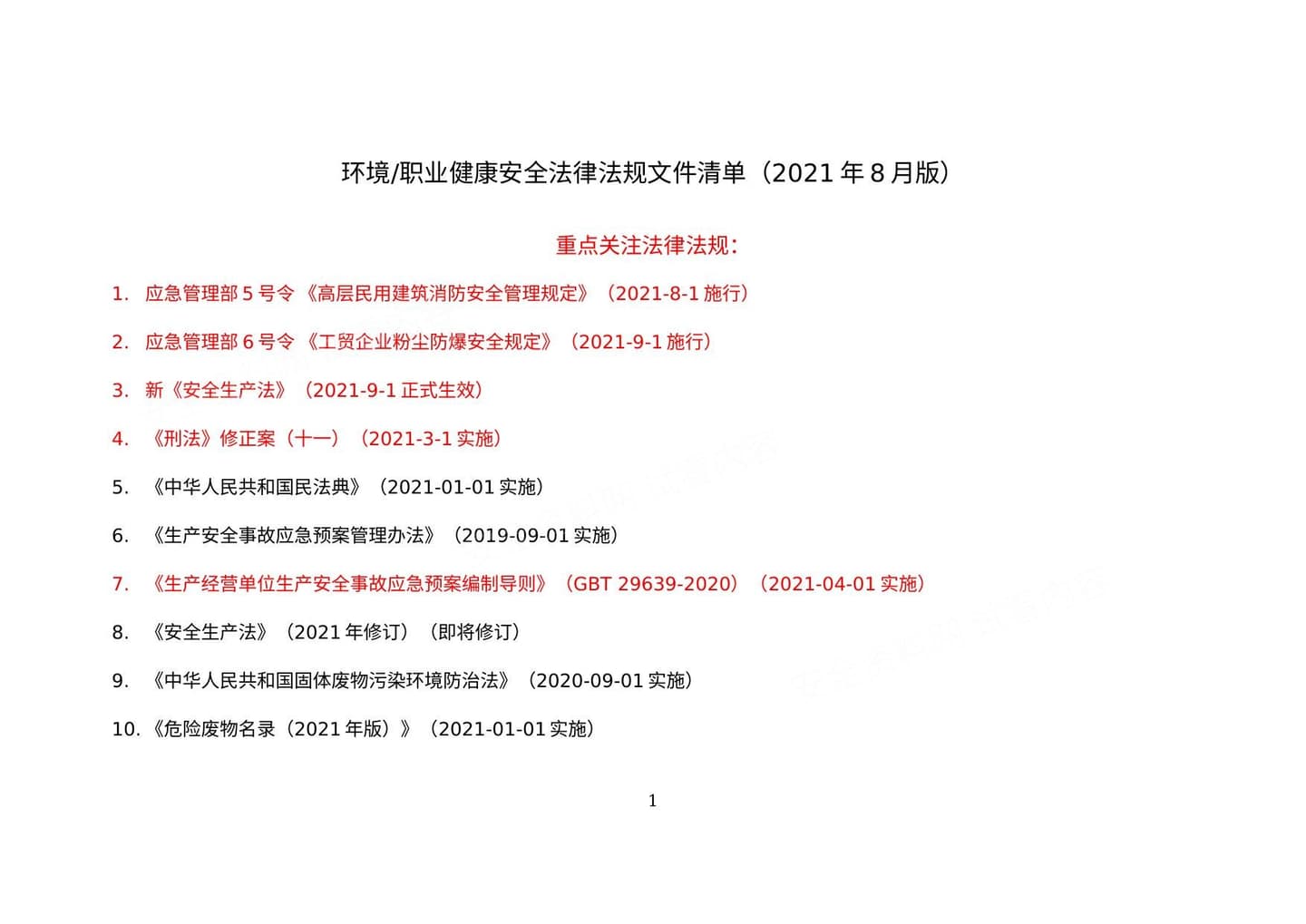 安全生产法律法规清单 8月版
