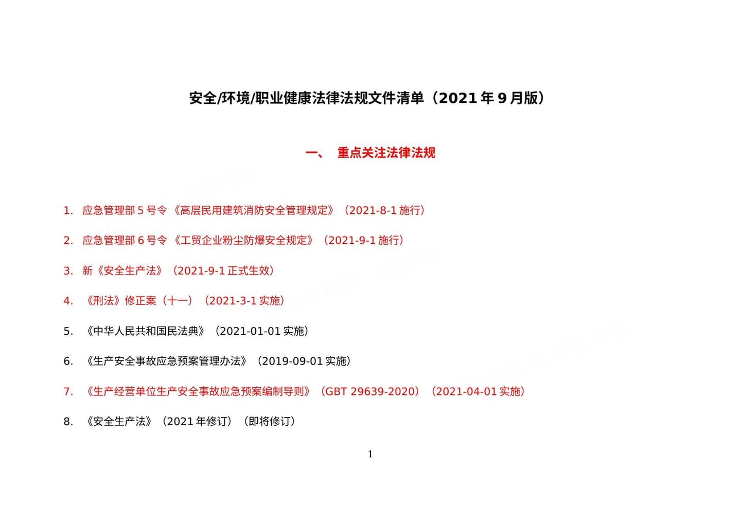 安全生产法律法规清单 9月版