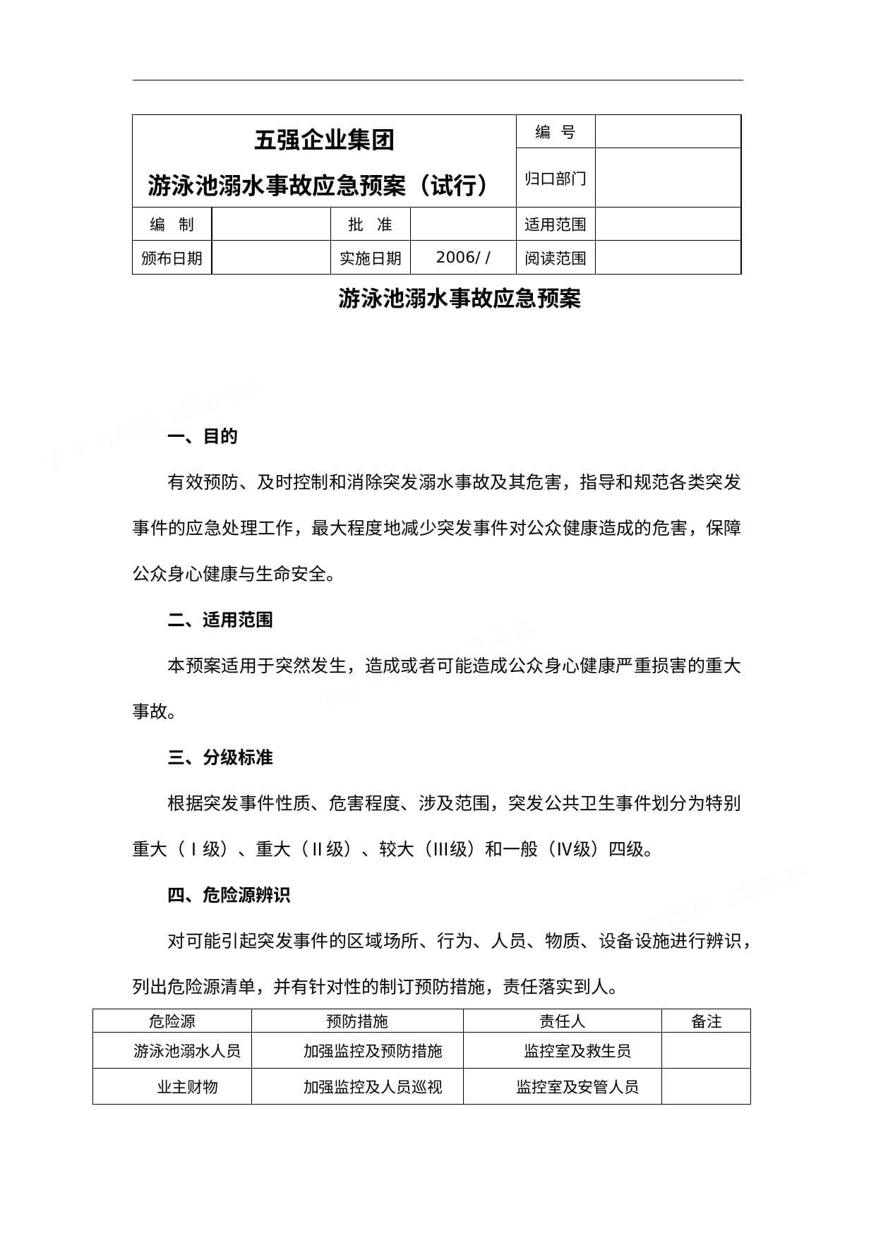 游泳池溺水事故应急预案