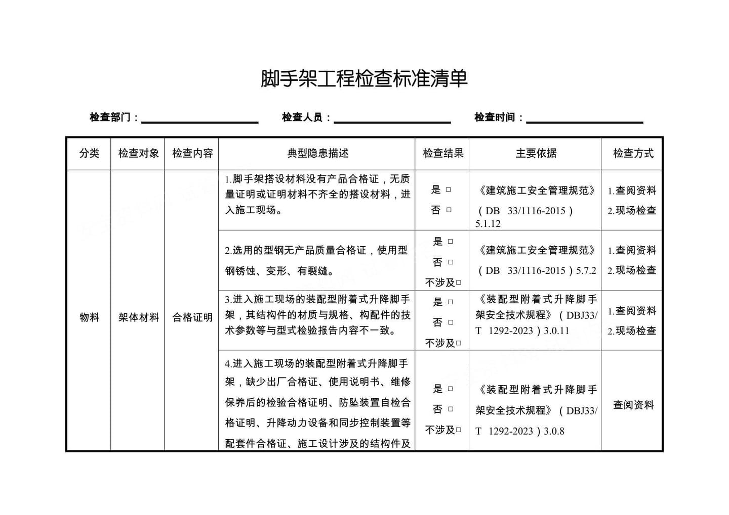 脚手架工程检查标准清单