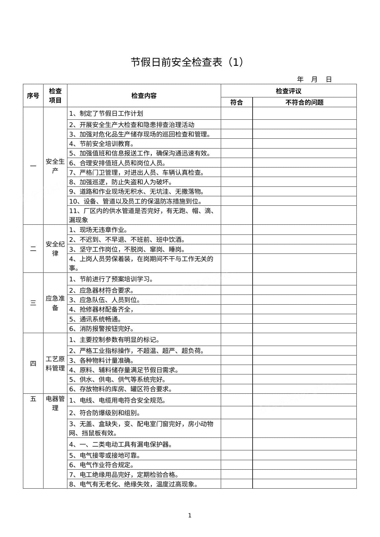 节前检查表汇编10套