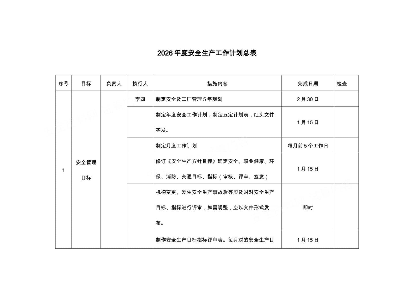 2026年度安全生产工作计划总表