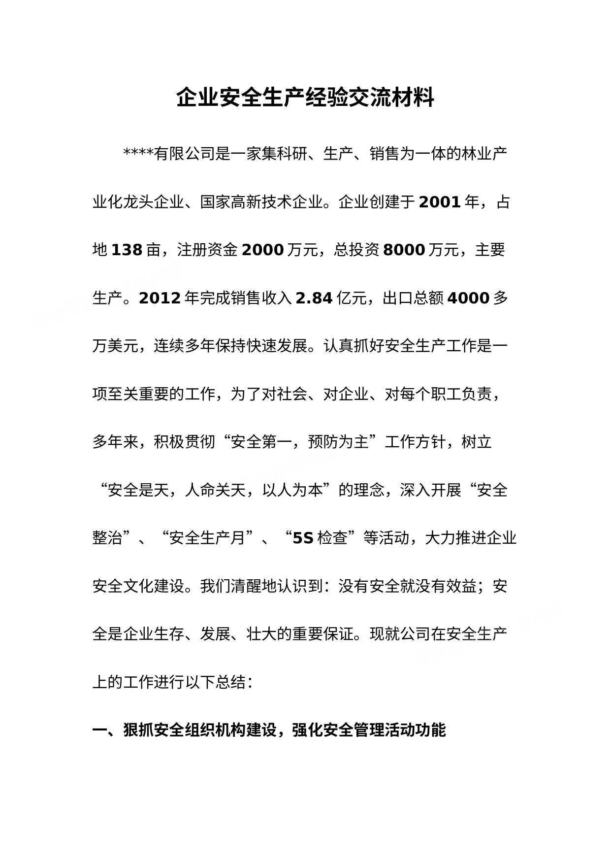 一把手谈安全公司安全生产先进经验交流发言稿材料 第 1 页预览