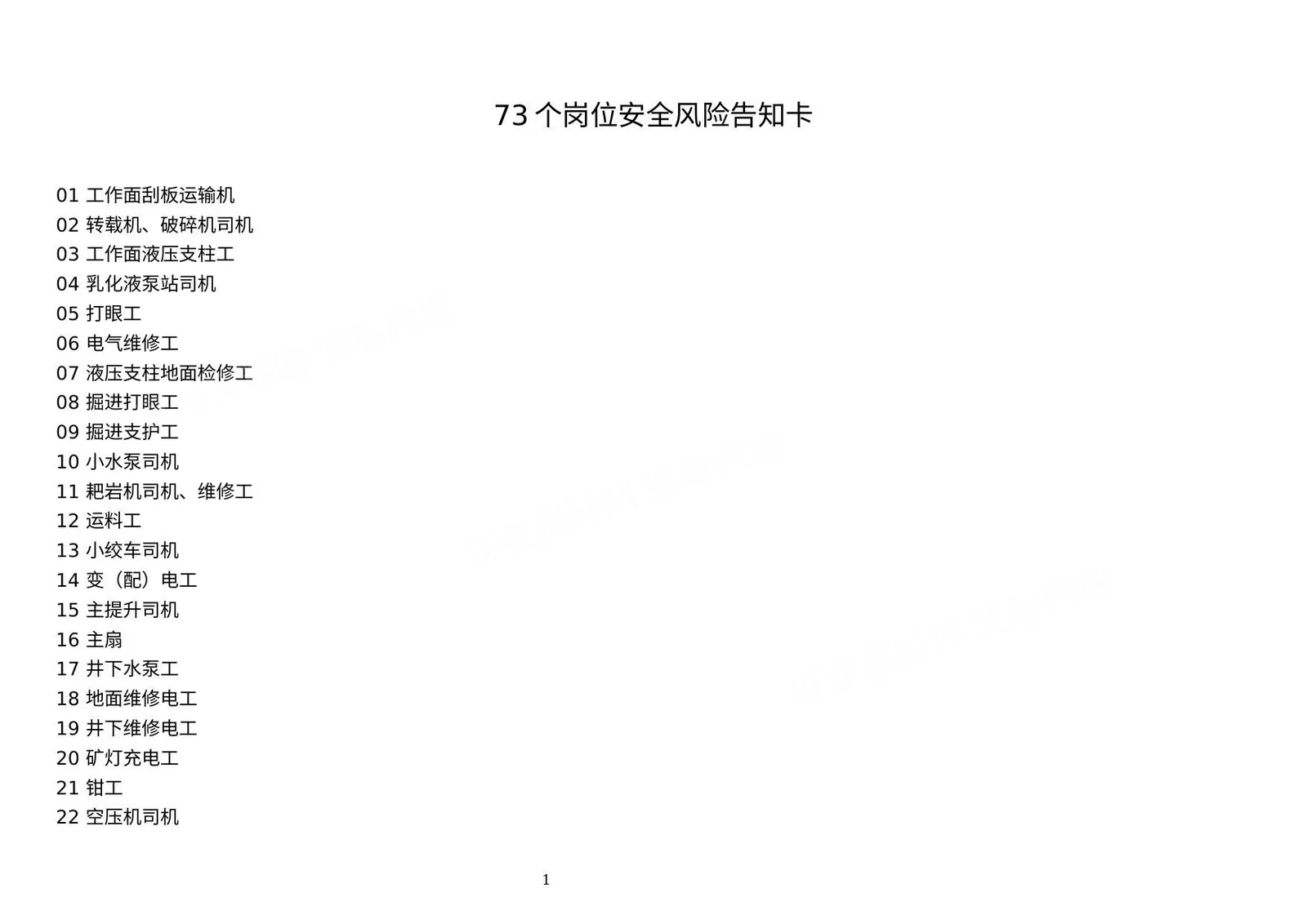 73个岗位安全风险告知卡 第 1 页预览